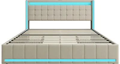Produktbild von Polsterbett - Stauraumbett - 4 Schubladen - LED-Beleuchtung - USB-Ladeanschluss - 140×190 cm - Beige