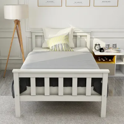 Produktbild von Bettgestell mit Lattenrost und Kopfteil Holzbett Einzelbett Kinderbett Massivholzbett 90x200cm Weiß