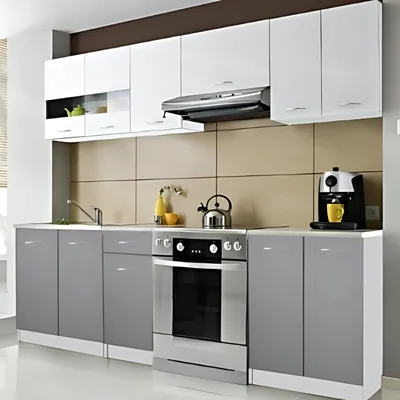 A modern kitchen unit with gray lower cabinets and white upper cabinets, featuring a stainless steel oven and range hood.