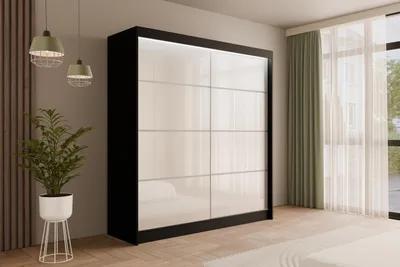Produktbild von ALTDECOR Kleiderschrank mit Lacobel-Schiebetüren, kugelgelagerte Führungsschienen und Aluminium- Leisten, LED-Beleuchtung (weiß + 16 Farben) und Fernbedienung - PEKA3 - 200 cm Schwarz /  Weiß