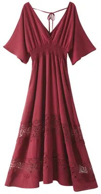 Productafbeelding van Olaesa Damen maxi-jurk, korte mouwen, V-hals, feestjurk, gerimpelde taille