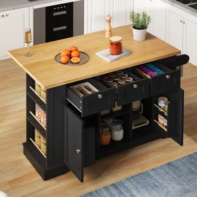 Image de MODFU Desserte de Cuisine Mobile avec Table Rabattable et Prise, Îlot de Rangement avec Tiroir, Étagères et Porte-Serviettes, 132 × 40–70 × 87 cm - Noir
