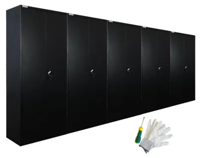 Produktbild von Mega Deal | 5x Flügeltürenschrank ELEPHANT komplett montiert | mit 2 Türen, abschließbar | HxBxT 180x80x40cm | 6 Fächern & Kleiderstange | Stahl mit Pulverbeschichtung | Schwarz | Spind Garderobenschrank Metallschrank Werkstattschrank Mehrzweckschrank