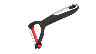 A black and red peeler is shown against a white background.