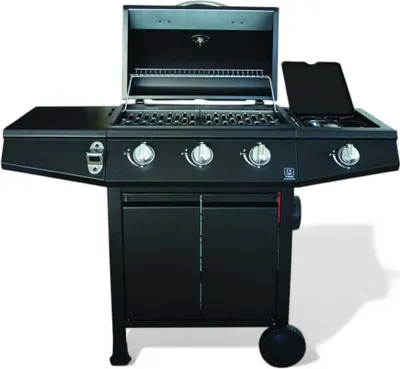 Produktbild von Gasgrill 3 Brenner + Seitenbrenner mit schwarzem Stahlrahmen Mini