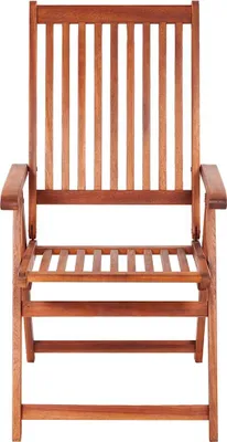 A wooden garden chair is shown from the front against a white background.