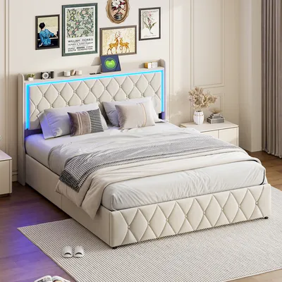 A bedroom scene featuring a bed with LED lighting.