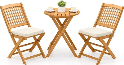 Obrázok produktu pre COSTWAY 3-dielna súprava záhradného nábytku, bistro stôl s 2 stoličkami, balkónová sedacia súprava skladacia s 2 vankúšmi, záhradná súprava, sedacia súprava z agátového dreva béžová