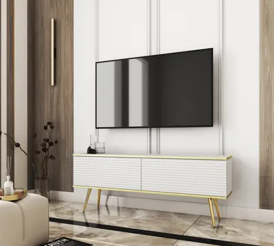 Produktbild von TV-Schrank Blum Oro MDF Weiß 135 Goldbeine – Standmöbel zum Selbstaufbau für das Wohnzimmer