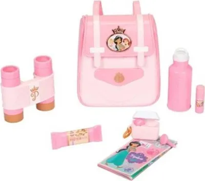 A collection of toy accessories for a Disney Princess themed backpack.