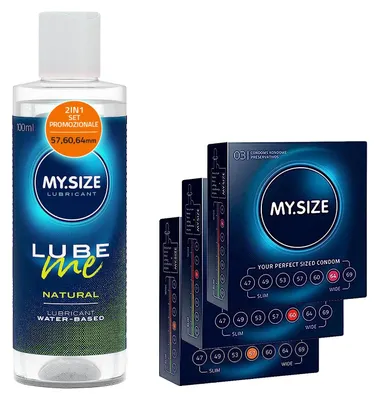 Image de MY.SIZE Kit préservatifs + lubrifiant avec 100 ml de Lube Me Natural et 3x3 préservatifs de 57, 60 et 64 mm de large | Lubrifiant à base d'eau | Gel lubrifiant adapté aux sextoys et aux préservatifs en latex