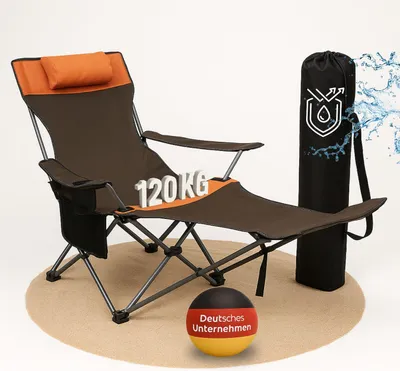 A portable lounge chair is displayed on a sandy surface with a carrying bag and water splash graphics in the background.