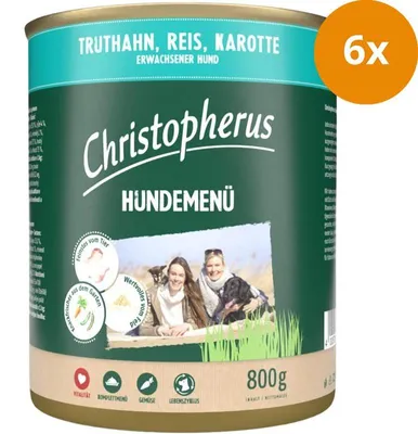 Produktbild von Christopherus Hundemenü mit Truthahn, Reis, Karotte 800 g, Adult, jede Rasse, Karotte, Reis, Türkei, 800 g, Ohne Soja