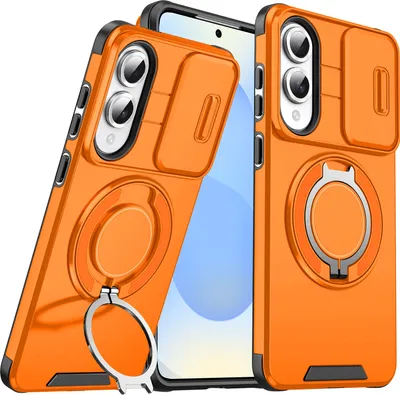 Immagine prodotto di Custodia a doppio strato per Samsung Galaxy S25 Edge, con copertura scorrevole della fotocamera e supporto magnetico ad anello Arancione