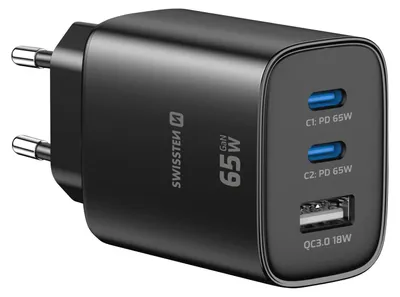 Zdjęcie produktu dla Swissten, ładowarka z 2 portami USB-C 65 W (Power Delivery) i 1 portem USB-A 18 W (Quick Charge 3.0), czarna