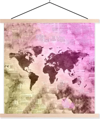Produktbild von MuchoWow® Textilposter Weltkarte - Farben - Zeitungen 120x120 cm mit holzfarbenen Rahmen - Textil-Poster