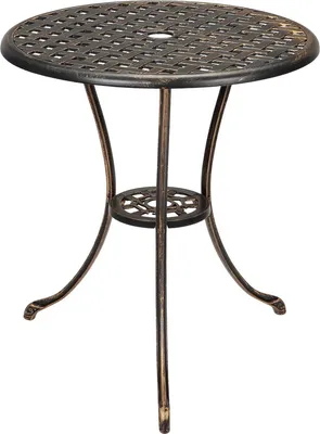 Produktbild von Runder Bistrotisch 60 cm – Gartentisch aus Aluminium mit Schirmloch – kleiner Outdoor Tisch für Balkon, Terrasse & Garten – Braun