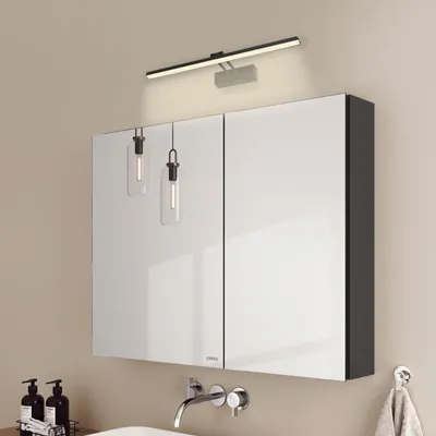 Produktbild von EMKE Spiegelschrank und Spiegellampen,85x65x14.5cm 2 Glasböden Schwarz Badspiegelschrank und Schwarz Wandleuchten Neutral Licht 4200k
