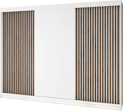 Produktbild von Schwebetürenschrank, 3-türig Schrank mit 4 Schubladen, und 3D-Lamellen. Verschiedene Farben (Weiß, Schwarz, Somona) Kleiderschrank IOSA 200 cm