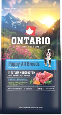 Imagen del producto de Alimento para cachorros y perros jóvenes de todas las razas, Ontario, con un solo ingrediente principal: atún y batata, 6,5 kg