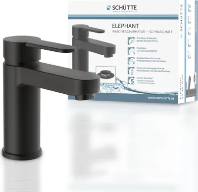 Produktbild von SCHÜTTE Waschtischarmatur ELEPHANT mit Ablaufgarnitur, Wasserhahn Bad mit Pop Up, Schwarz matt