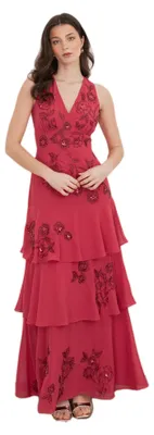 Immagine prodotto di Abito lungo da donna Maya Deluxe, color rosa acceso, con decorazioni, senza maniche, scollo a V e balze