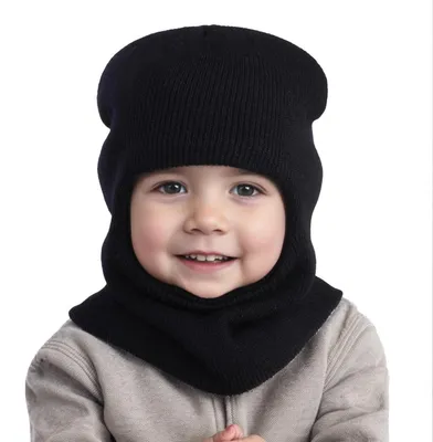 Produktbild von Schlupfmütze mit Schal für Kinder, warm, winddicht, Strick, für Jungen & Mädchen, 1-7 Jahre, Schwarz