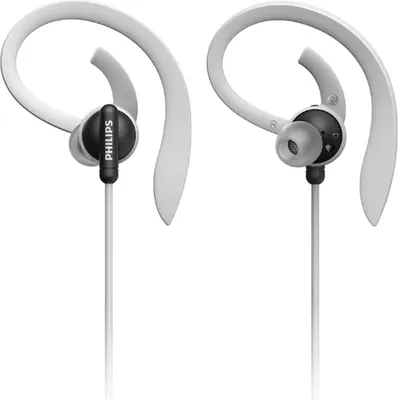 A pair of white and black Philips sport earbuds with ear hooks, shown against a white background.
