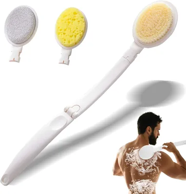 Produktbild von 3-in-1 Rückenbürste mit langem Stiel, Nylonborsten, Schwamm und Bimsstein, faltbar, für die Körperpflege