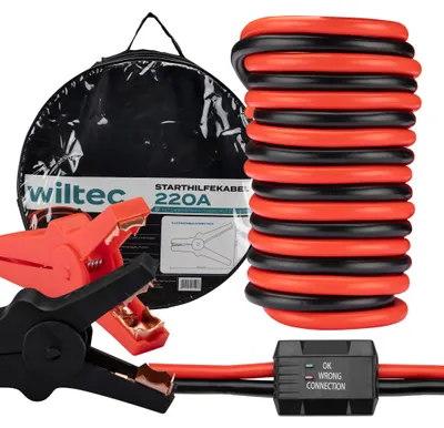 Productafbeelding van Wiltec startkabels, 220 A, 16 mm², 3 meter, met overspanningsbeveiliging, geschikt voor benzinemotoren