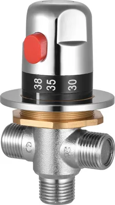 A close-up studio shot of a thermostatic mixing valve.