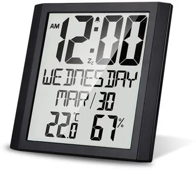 Obrázok produktu pre Digitálne nástenné hodiny s LCD displejom, meraním vnútornej teploty a vlhkosti vzduchu, tichým režimom prevádzky pre obývačku, spálňu, kanceláriu