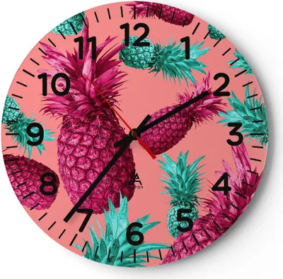 Produktbild von Wanduhr - Rund - Glasuhr - Ananas Obst Saft - 40x40cm - Schleichendes Uhrwerk - Lautlos - zum Aufhängen bereit - Dekoration Modern - Wanddekoration aus Glas - C4AR40x40-4031
