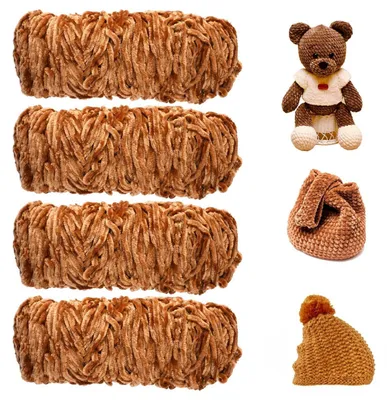 Immagine prodotto di Filo per uncinetto, tipo chenille, velluto, marrone, 4 gomitoli da 170 metri, peso totale 400 grammi, materiale: poliestere, effetto morbido e peloso