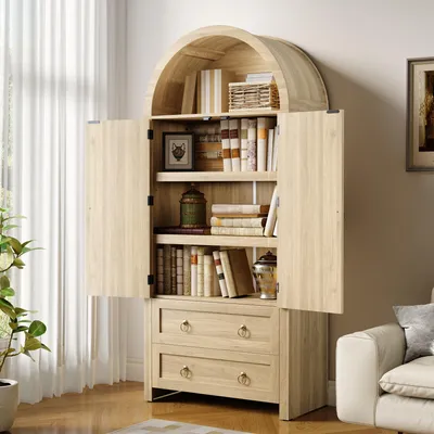 Image de Buffet de cuisine Flieks, avec structure en osier tressé en forme d'arc, meubles hauts avec double tiroir, vaisselier pour salon et chambre, en chêne