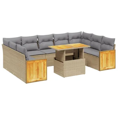 Produktbild von Modulares Garten-Sofa-Set, 10-teilig, mit verstellbarem Tisch, Poly Rattan, Beige, abnehmbare Kissen Hellgrau, UV-beständig