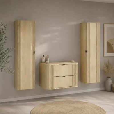 Produktbild von Badezimmer Set 3-teilig mit 80 cm Waschtischunterschrank, 2 Hochschränke in Eiche, Rillen - OLIVA-56