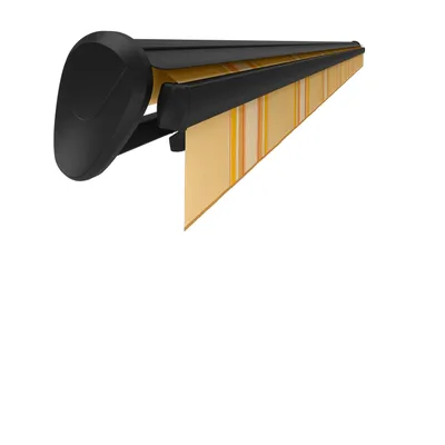 Produktbild von Halbkassettenmarkise PL02 mit Elektromotor mit Nothandkurbelfunkion rechts 500x300cm Gestellfarbe anthrazit Dessin beige-orange gestreift