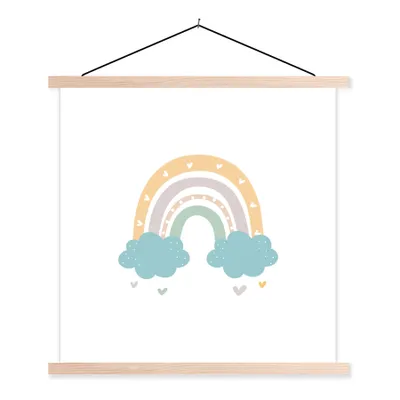 Produktbild von MuchoWow® Textilposter Regenbogen - Herzen - Wolken - Punkte - Pastell - Kinder 60x60 cm mit holzfarbenen Rahmen - Wanddekoration