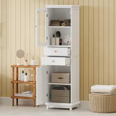 Produktbild von MODFU Hochschrank Vitrine mit Ablagefächern und Glastüren,Highboard mit zwei Schränken und zwei Schubladen,Beistellschrank mit verstellbaren Einlegeböden,weiß