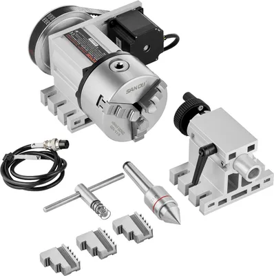 Image de Mandrin de tour VEVOR K11-100mm Mandrin à trois mors 4e axe de l'axe de rotation CNC, un rapport de réduction de 6:1 et un moteur pas à pas Nema23 biphasé 3 mandrins à mors pour le fraisage CNC