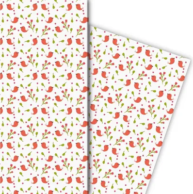 Produktbild von Frühlings Geschenkpapier mit kleinen Vögeln und Blumen, weiß - G8291, 32 x 48cm