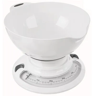 Image de Balance de cuisine - Mécanique avec bol - Capacité de 5 kg - Forme ronde - Plastique - Blanc