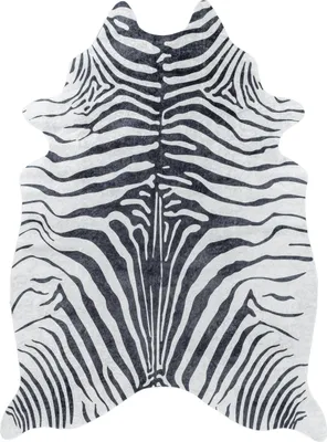 A zebra-print rug on a white background.