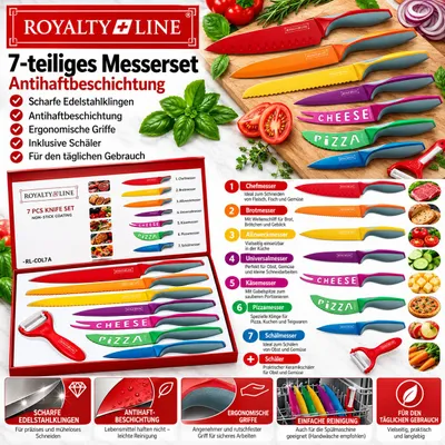 Produktbild von Royalty Line RL-COL7A Messer Set 7-teilig – Edelstahl Küchenmesser mit Antihaftbeschichtung, farbige Griffe, inkl. Pizza- & Käsemesser + Schäler