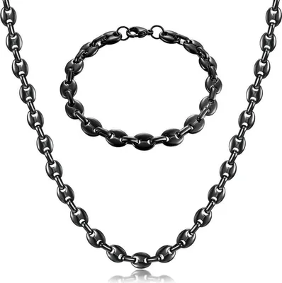 Produktbild von AFSTALR Herren Edelstahl Kaffeebohne Halskette Armband Set Silber/Gold/Schwarz