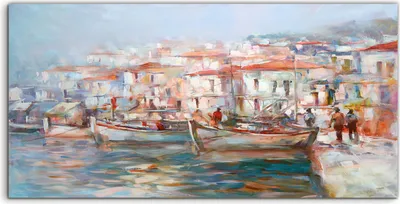 Produktbild von Coloray Spritzschutz aus Glas 120x60  Wandkunst Küchenrückwand Boote auf der Insel Harbor Malerei