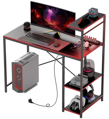 Produktbild von Gaming-Schreibtisch aus Kohlefaser mit LED-Beleuchtung, 110 x 50 cm, Steckdosen, Ablagen und Fernbedienung, Schwarz