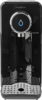 A black electric kettle with a silver drip tray.