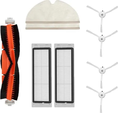 A collection of robot vacuum cleaner accessories laid out on a white background.